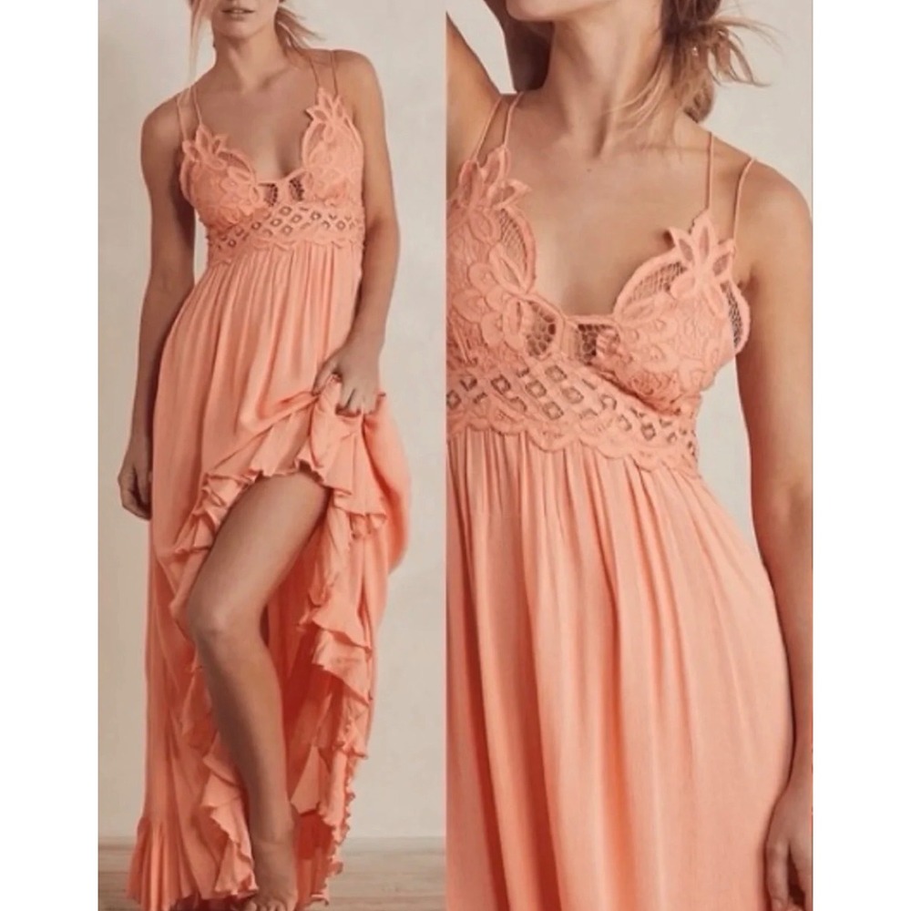 Free People FP One Adella Maxi Dress Peach Lace Boho Ruffle Small whimsi dainty